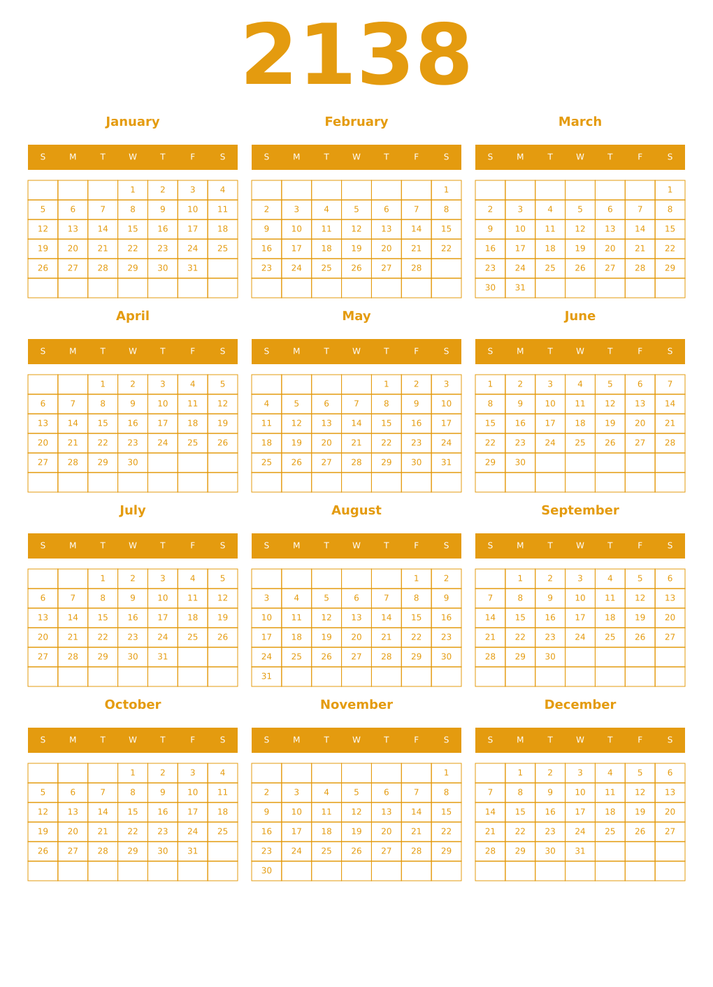 Printable 2138 Year Calendars gamboge