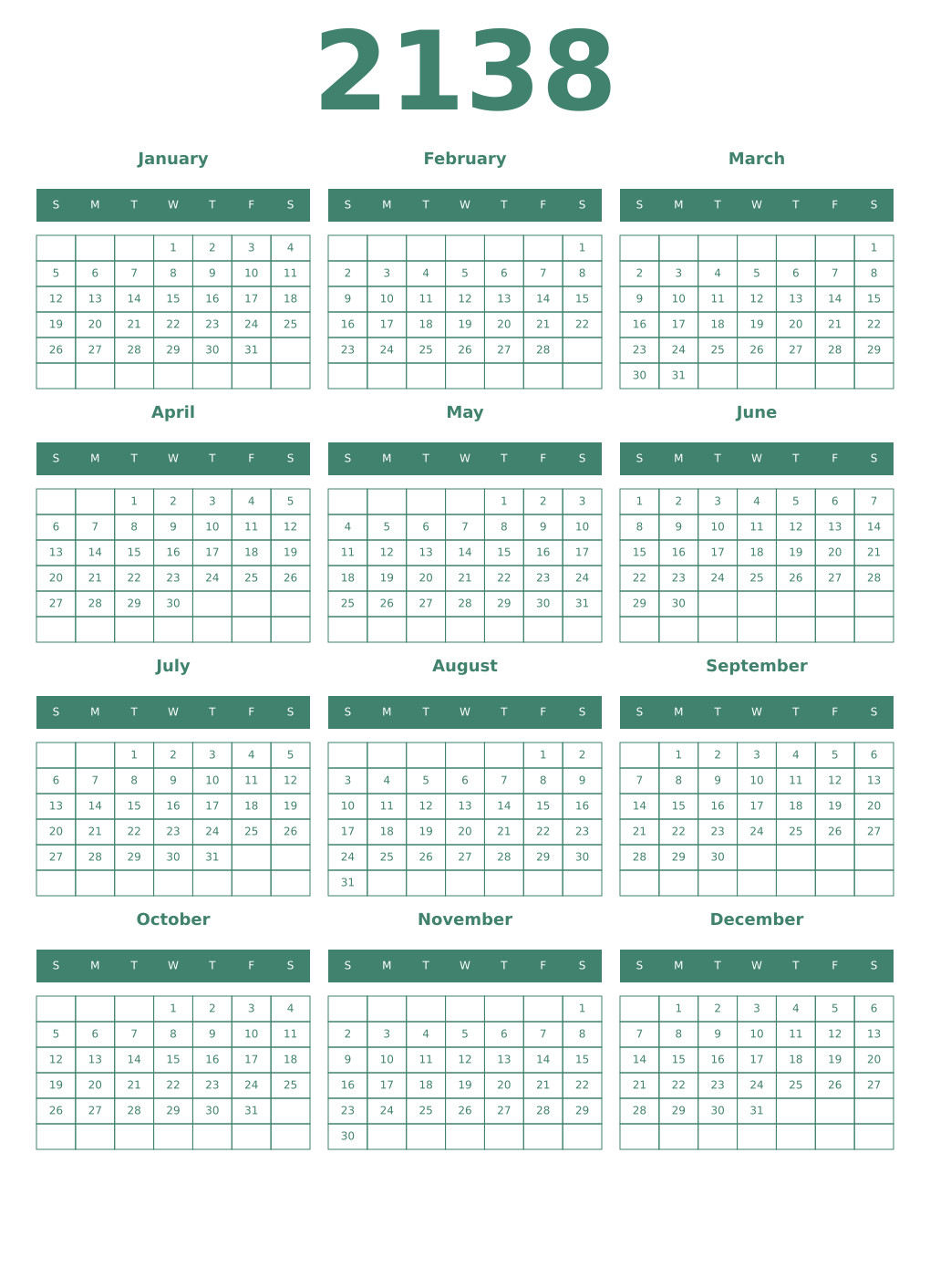 Printable 2138 Year Calendars viridian
