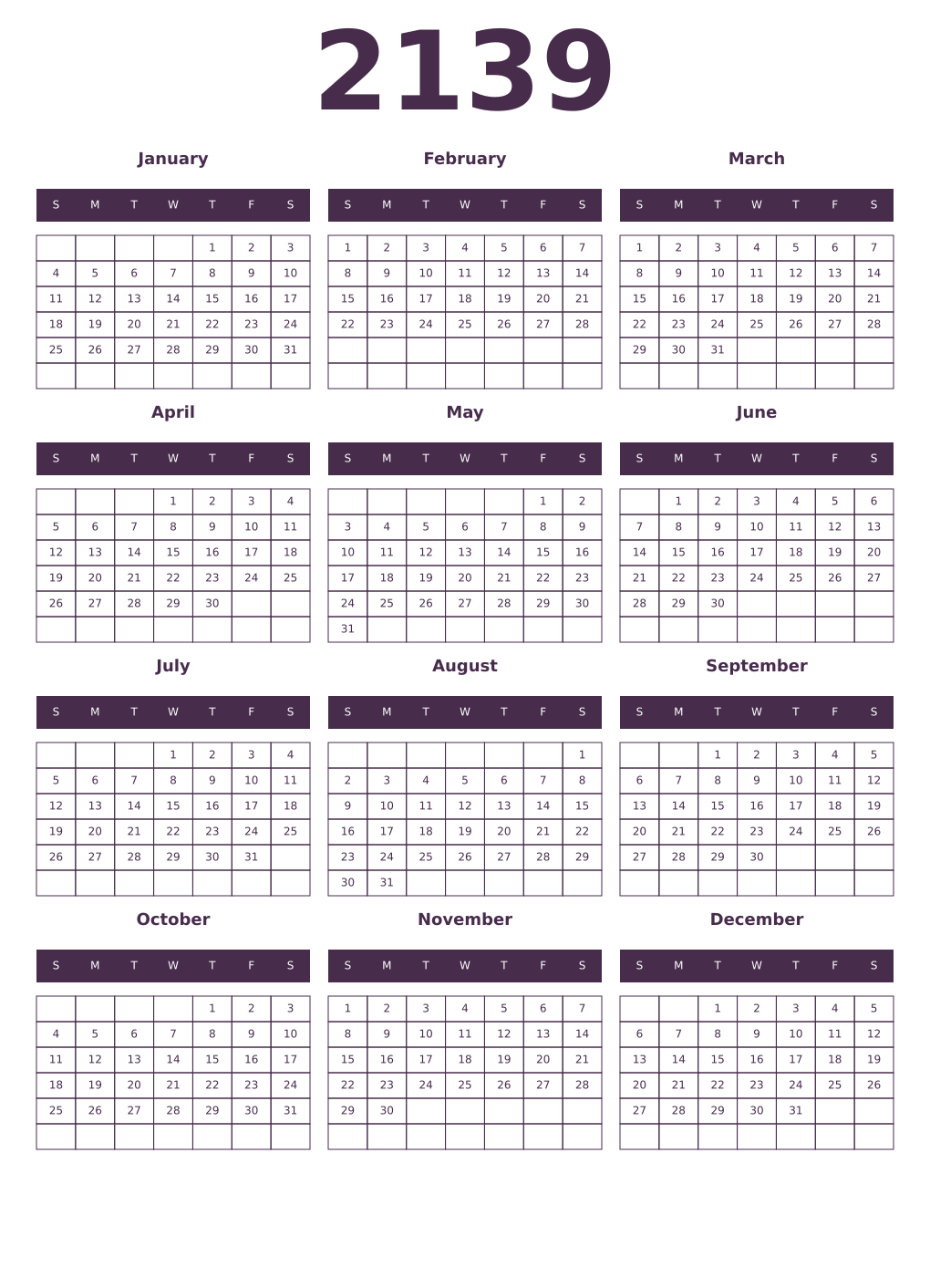 Printable 2139 Year Calendars aubergine