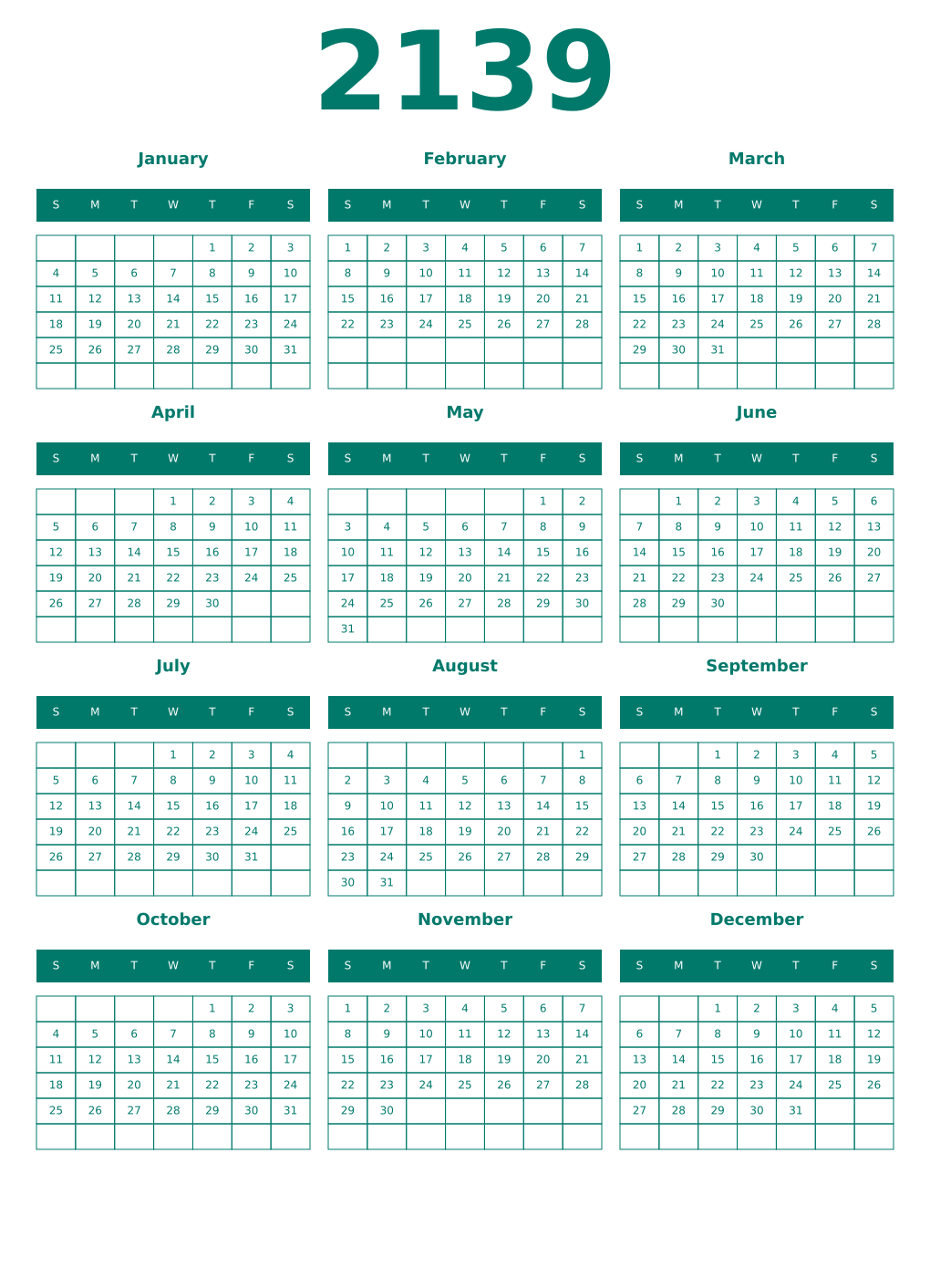 Printable 2139 Year Calendars pastel