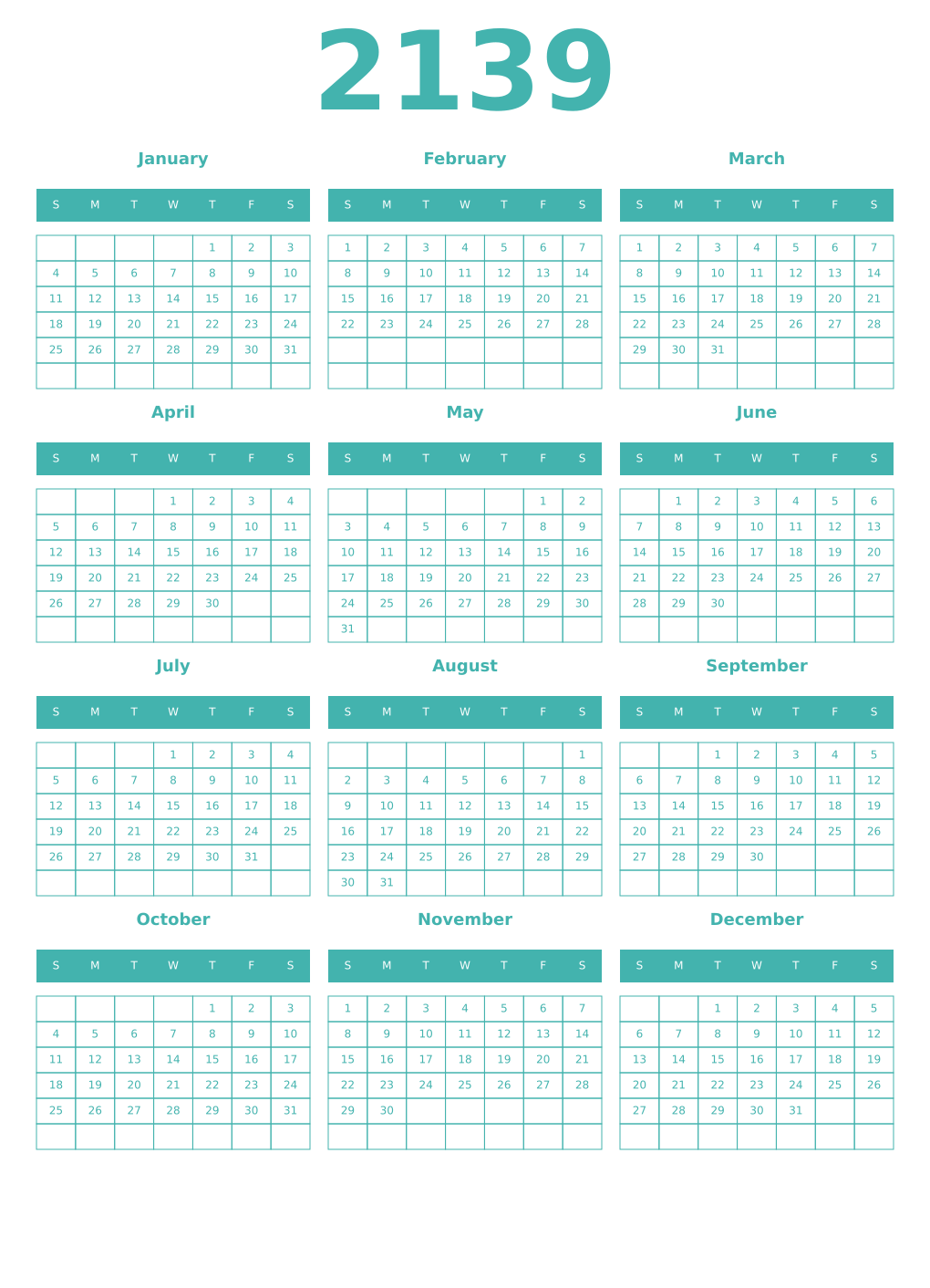 Printable 2139 Year Calendars verdigris