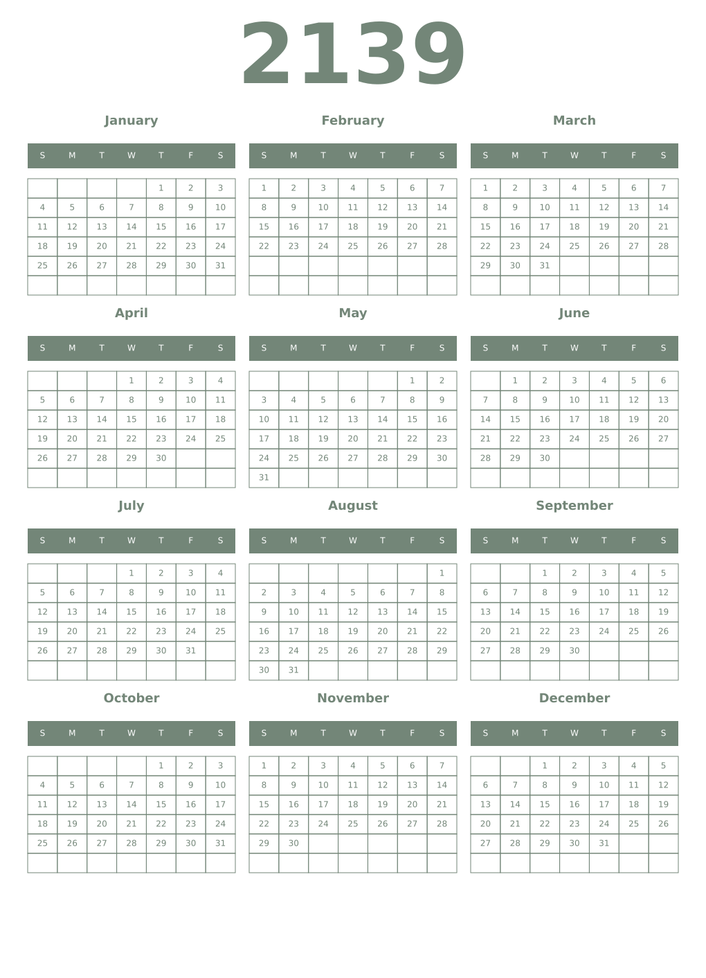 Printable 2139 Year Calendars xanadu