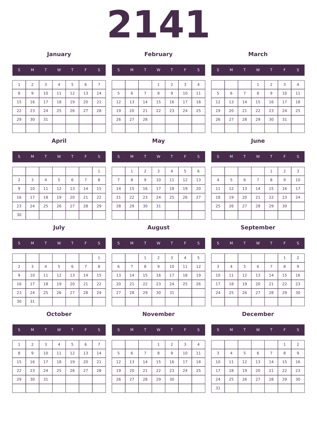 Printable 2141 Year Calendars aubergine