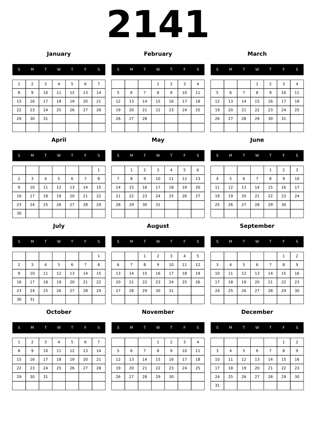 Printable 2141 Year Calendars black