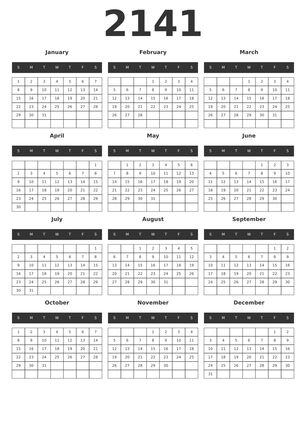 Printable 2141 Year Calendars dark