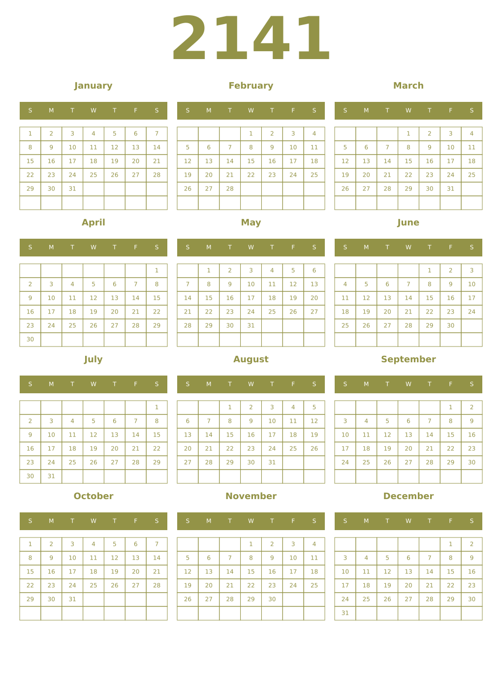 Printable 2141 Year Calendars eburnean