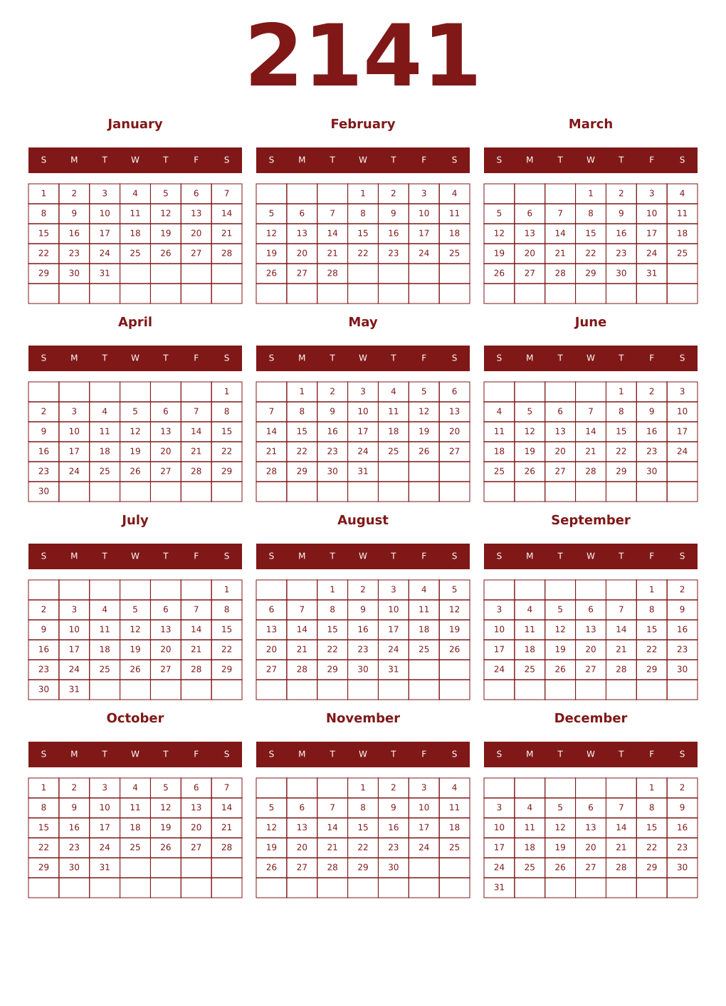 Printable 2141 Year Calendars falu