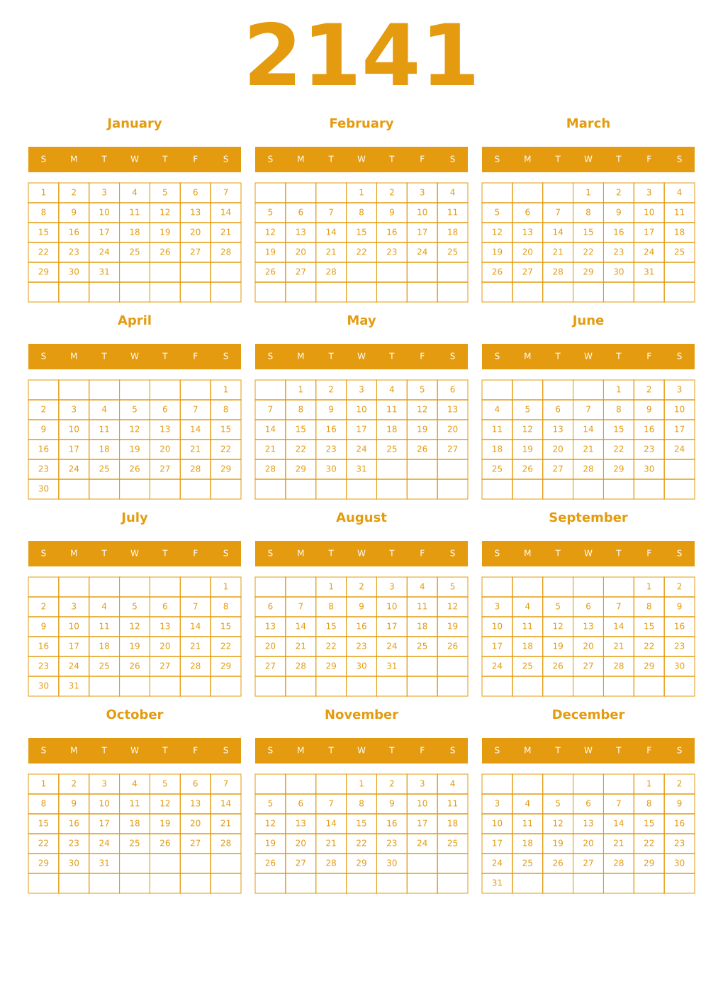 Printable 2141 Year Calendars gamboge