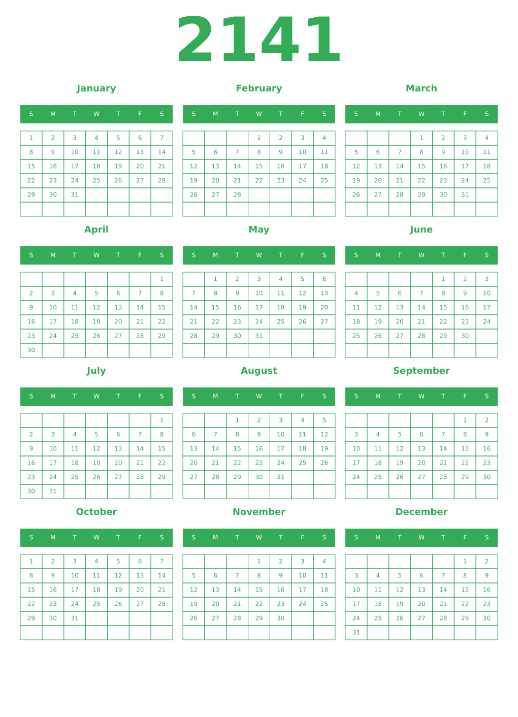 Printable 2141 Year Calendars green