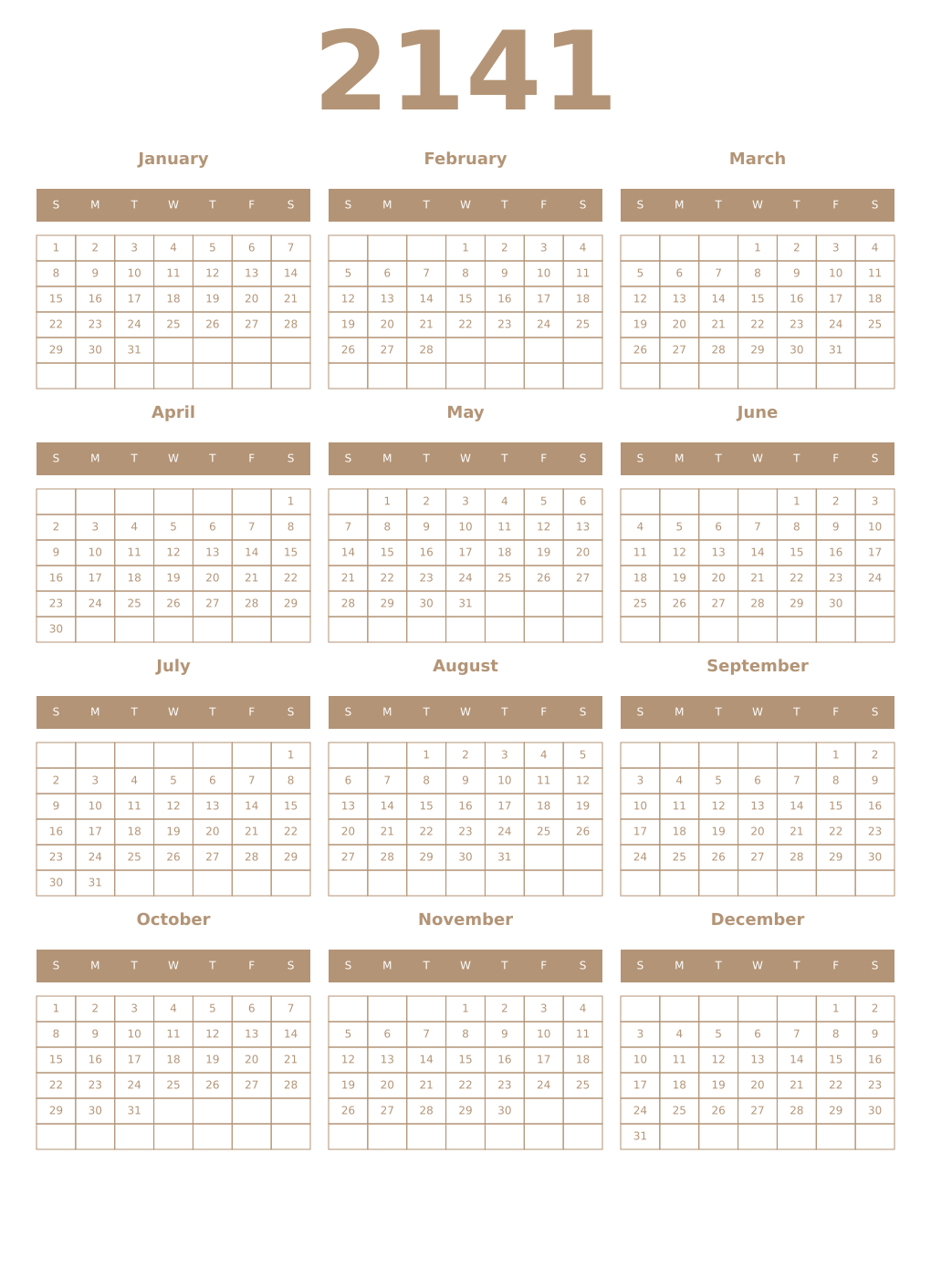 Printable 2141 Year Calendars isabelline