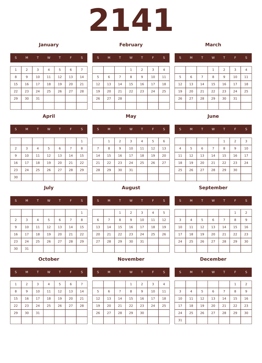Printable 2141 Year Calendars mortuum