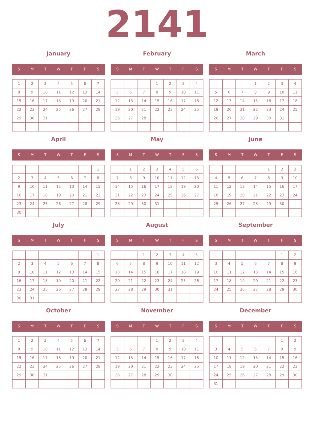 Printable 2141 Year Calendars puce