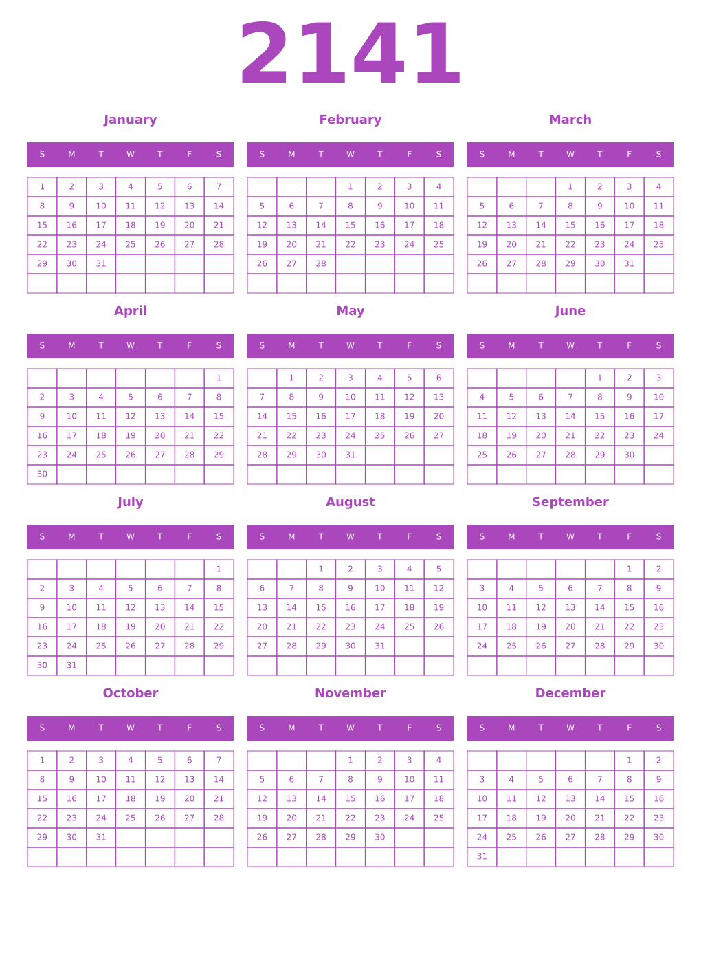 Printable 2141 Year Calendars purple