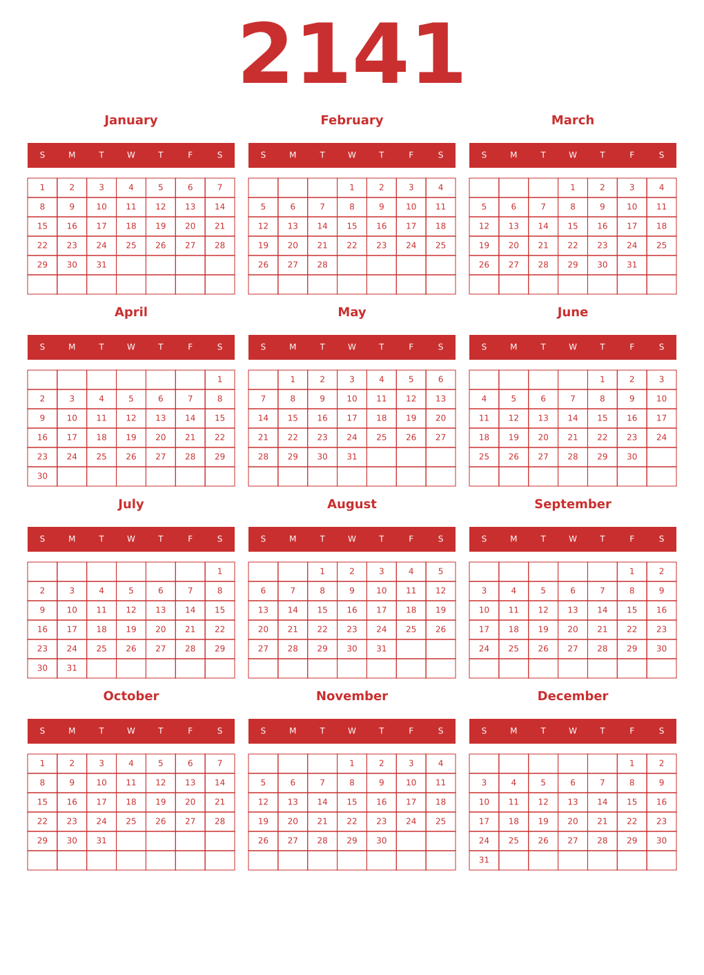 Printable 2141 Year Calendars red