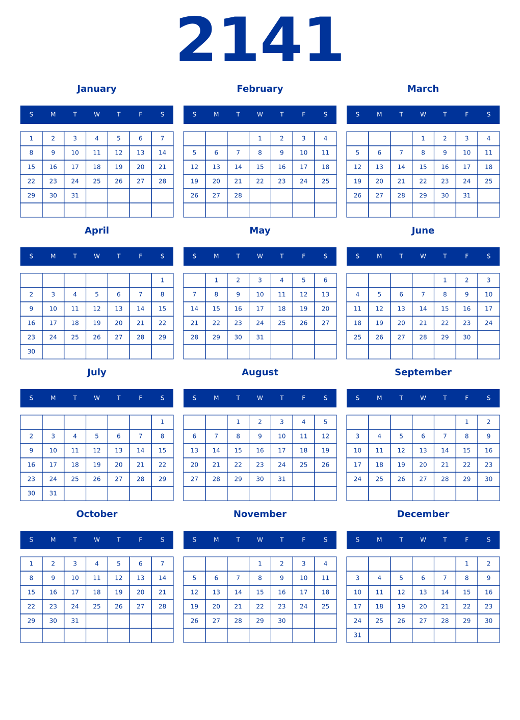 Printable 2141 Year Calendars smalt