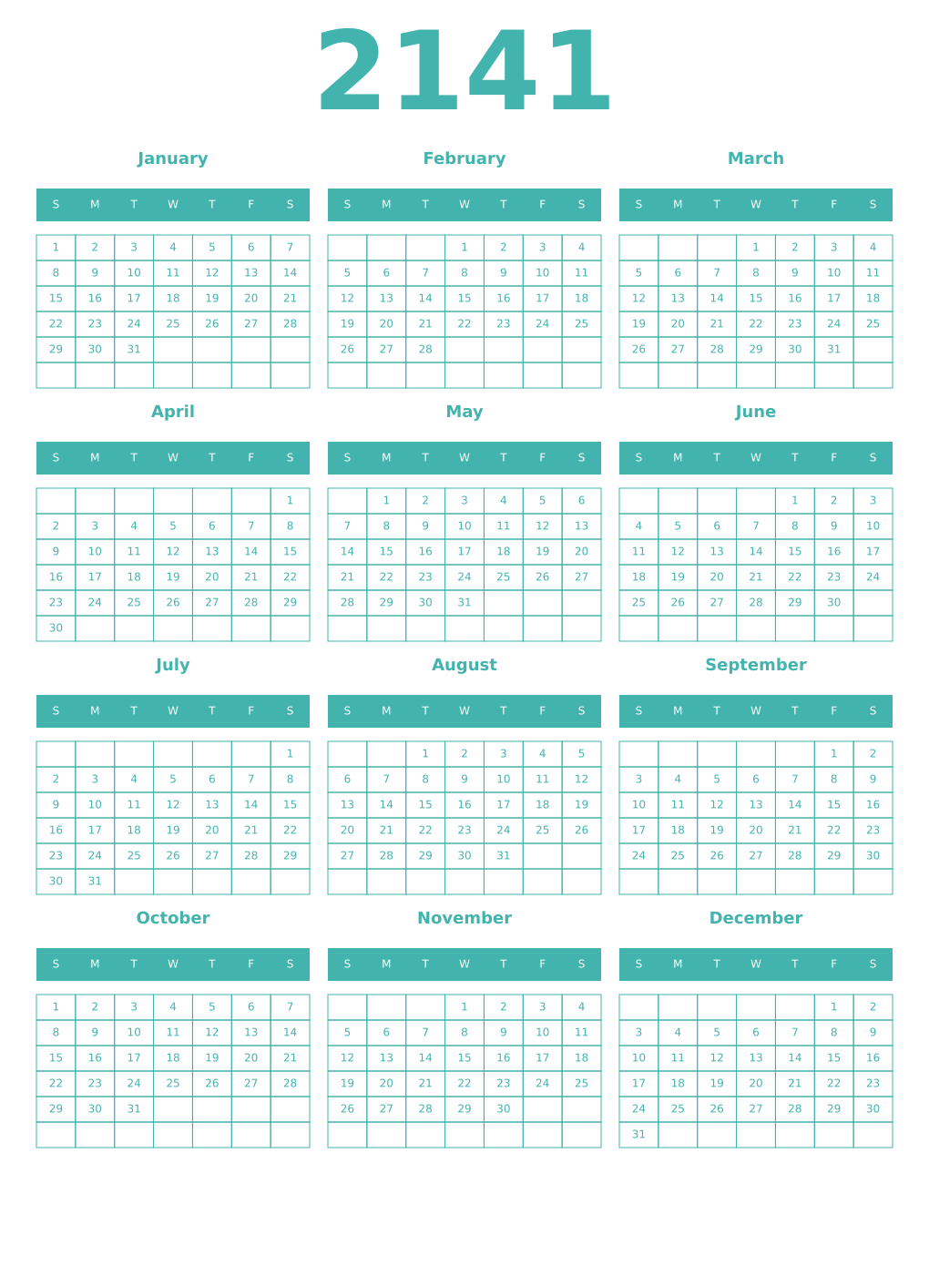 Printable 2141 Year Calendars verdigris