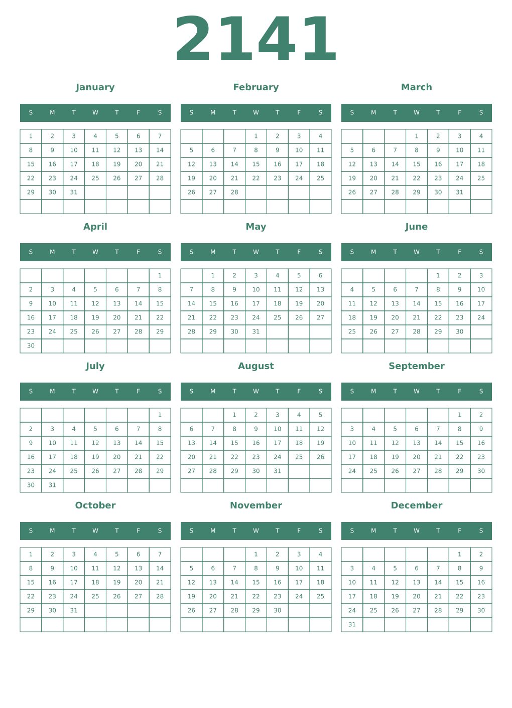 Printable 2141 Year Calendars viridian
