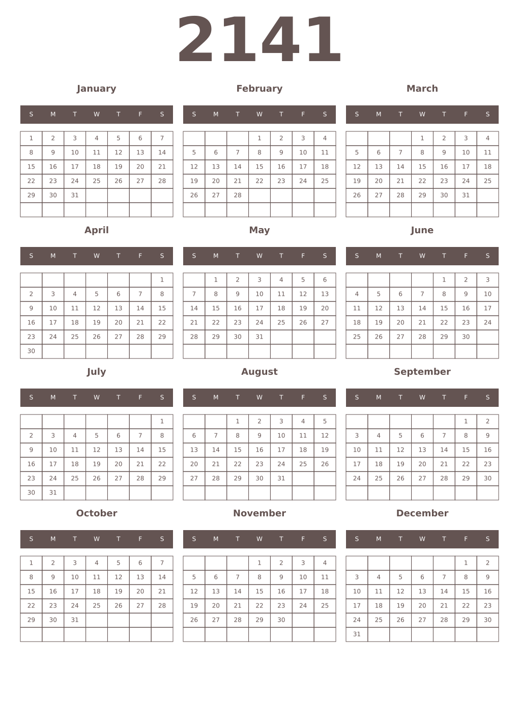 Printable 2141 Year Calendars wenge