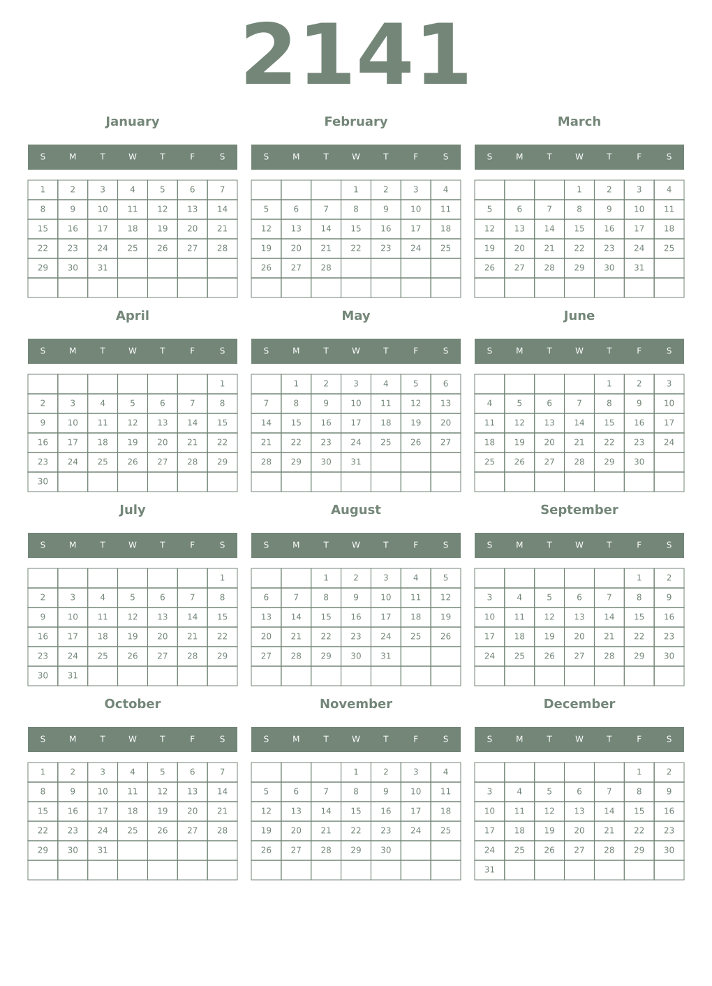 Printable 2141 Year Calendars xanadu