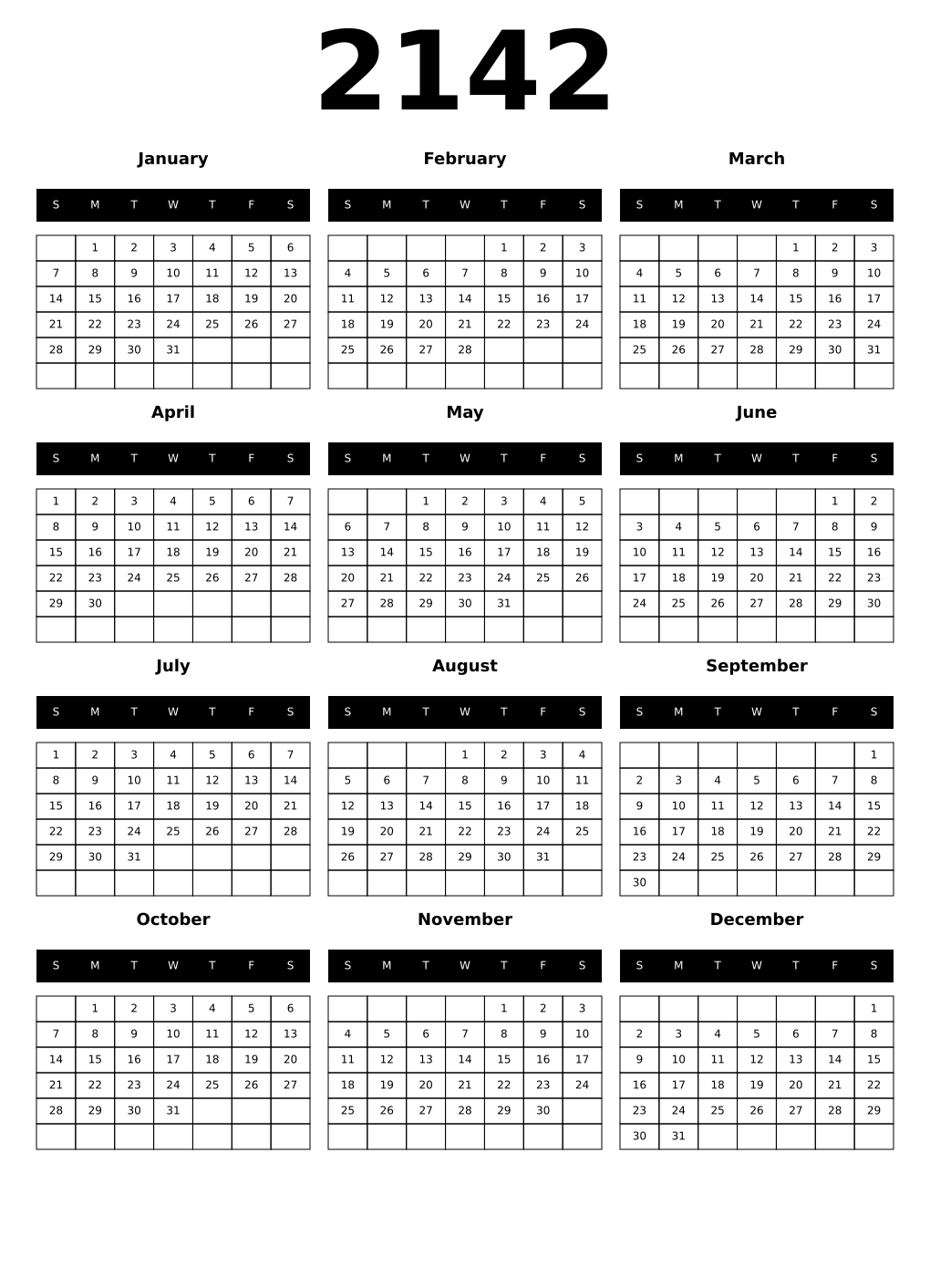 Printable 2142 Year Calendars black