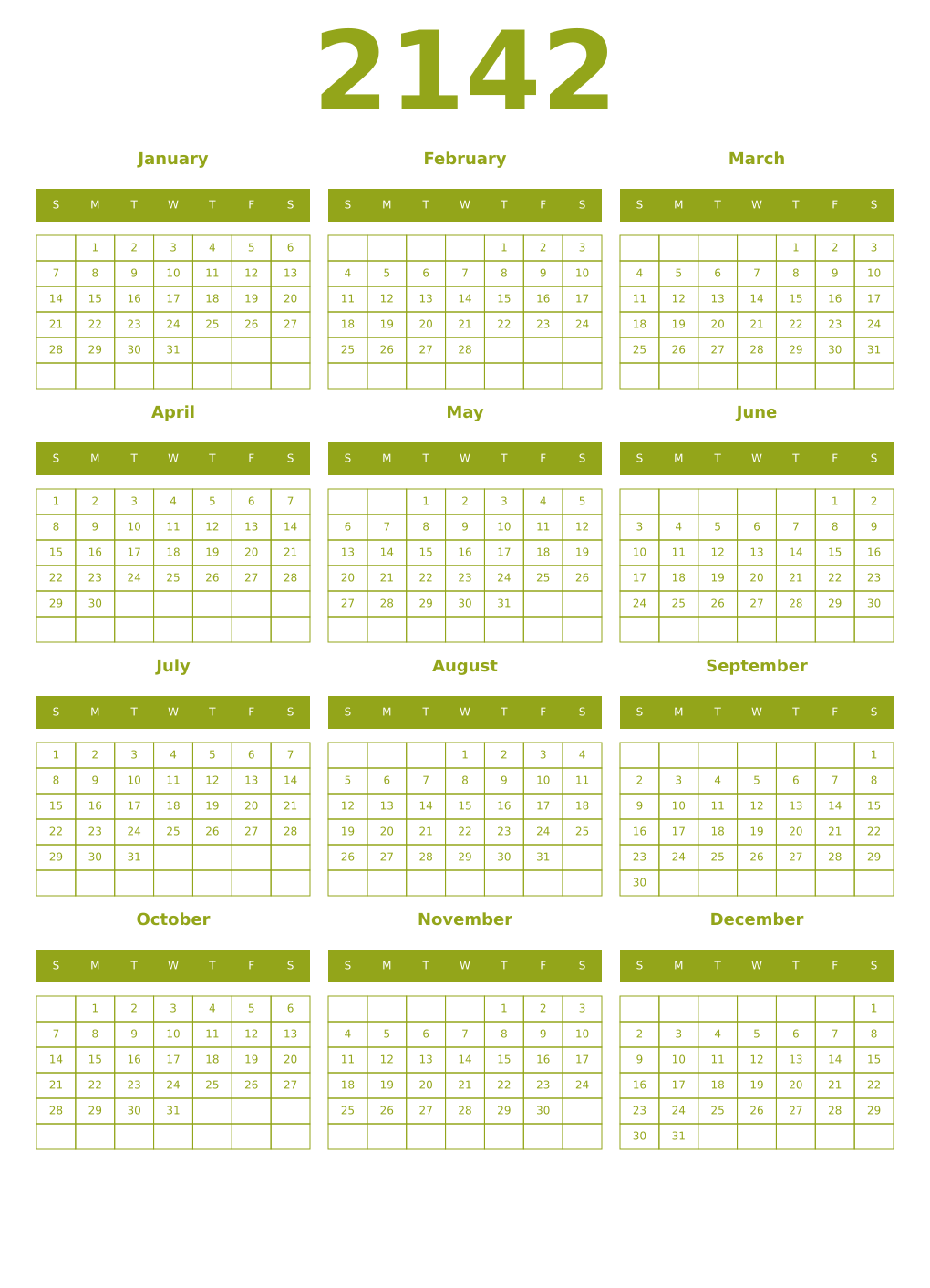 Printable 2142 Year Calendars chartreuse