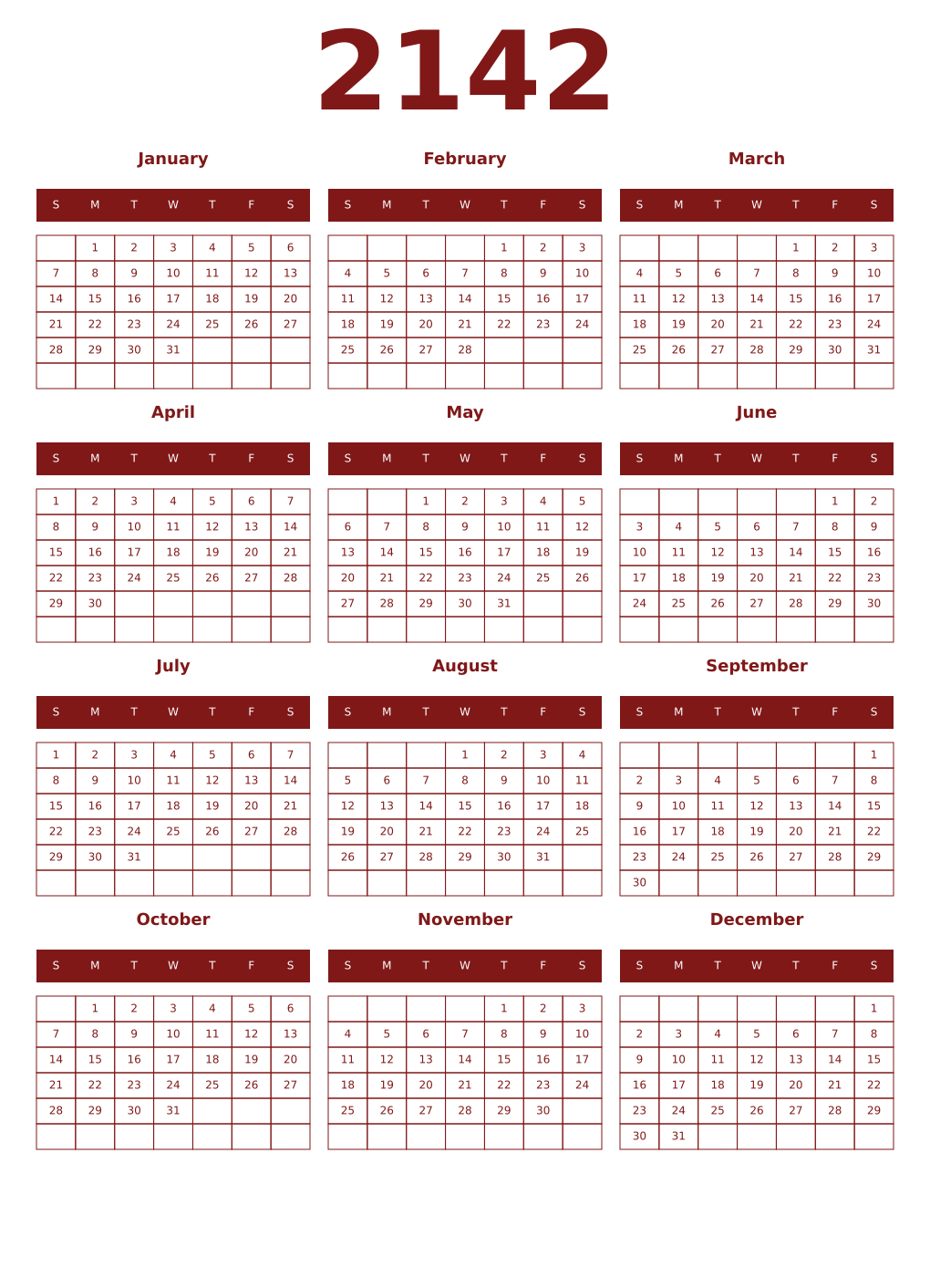 Printable 2142 Year Calendars falu