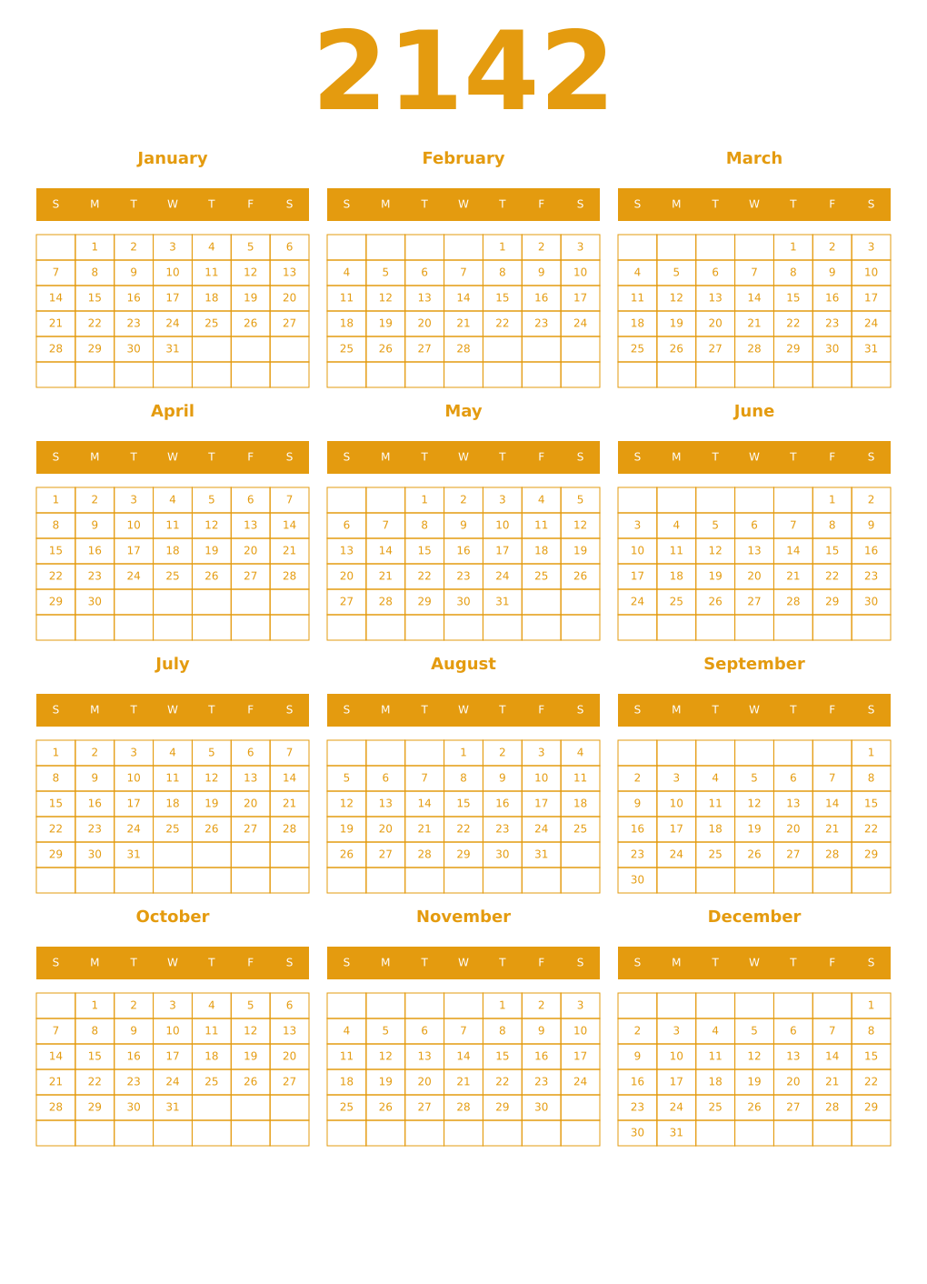Printable 2142 Year Calendars gamboge