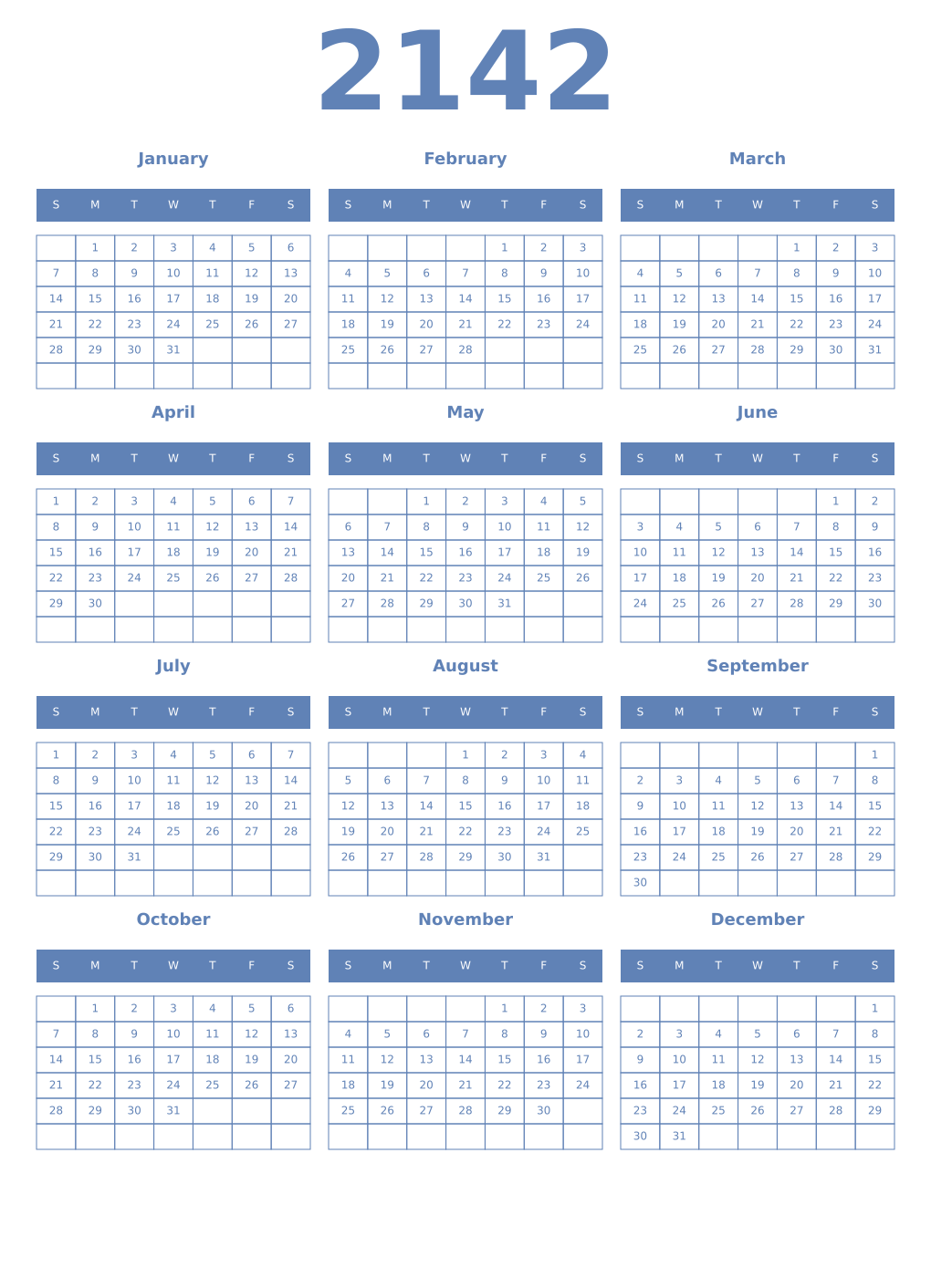 Printable 2142 Year Calendars glaucous