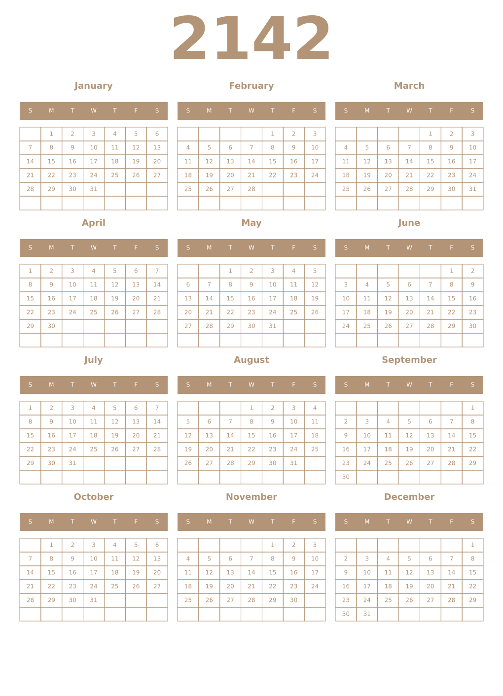 Printable 2142 Year Calendars isabelline
