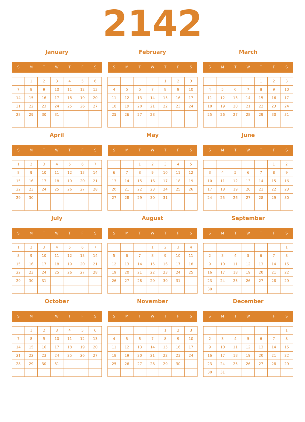 Printable 2142 Year Calendars orange