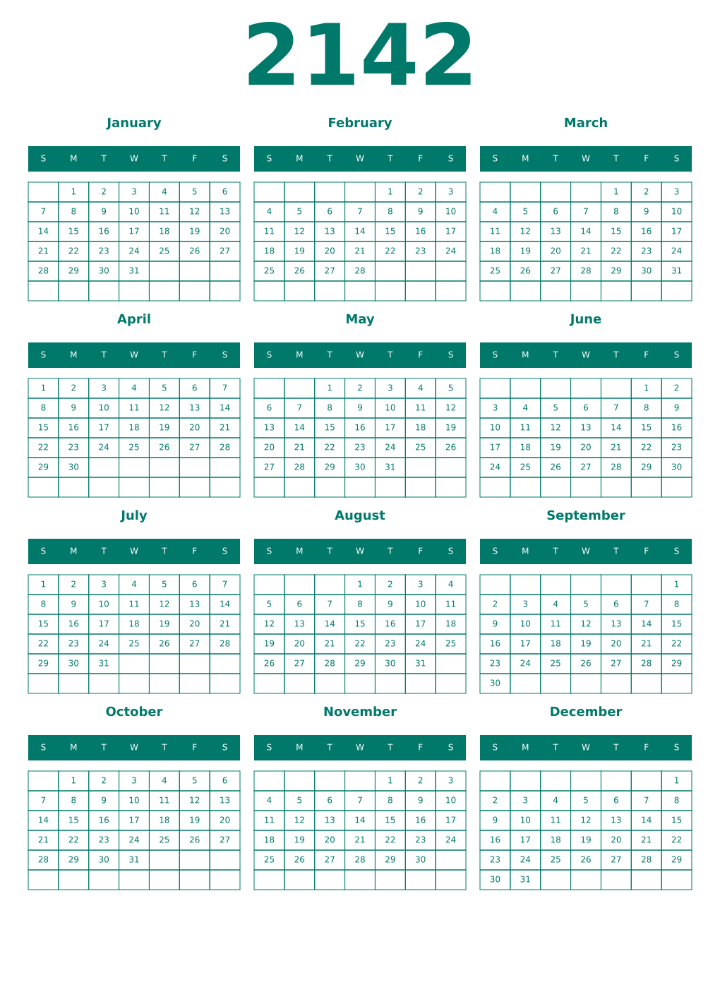 Printable 2142 Year Calendars pastel