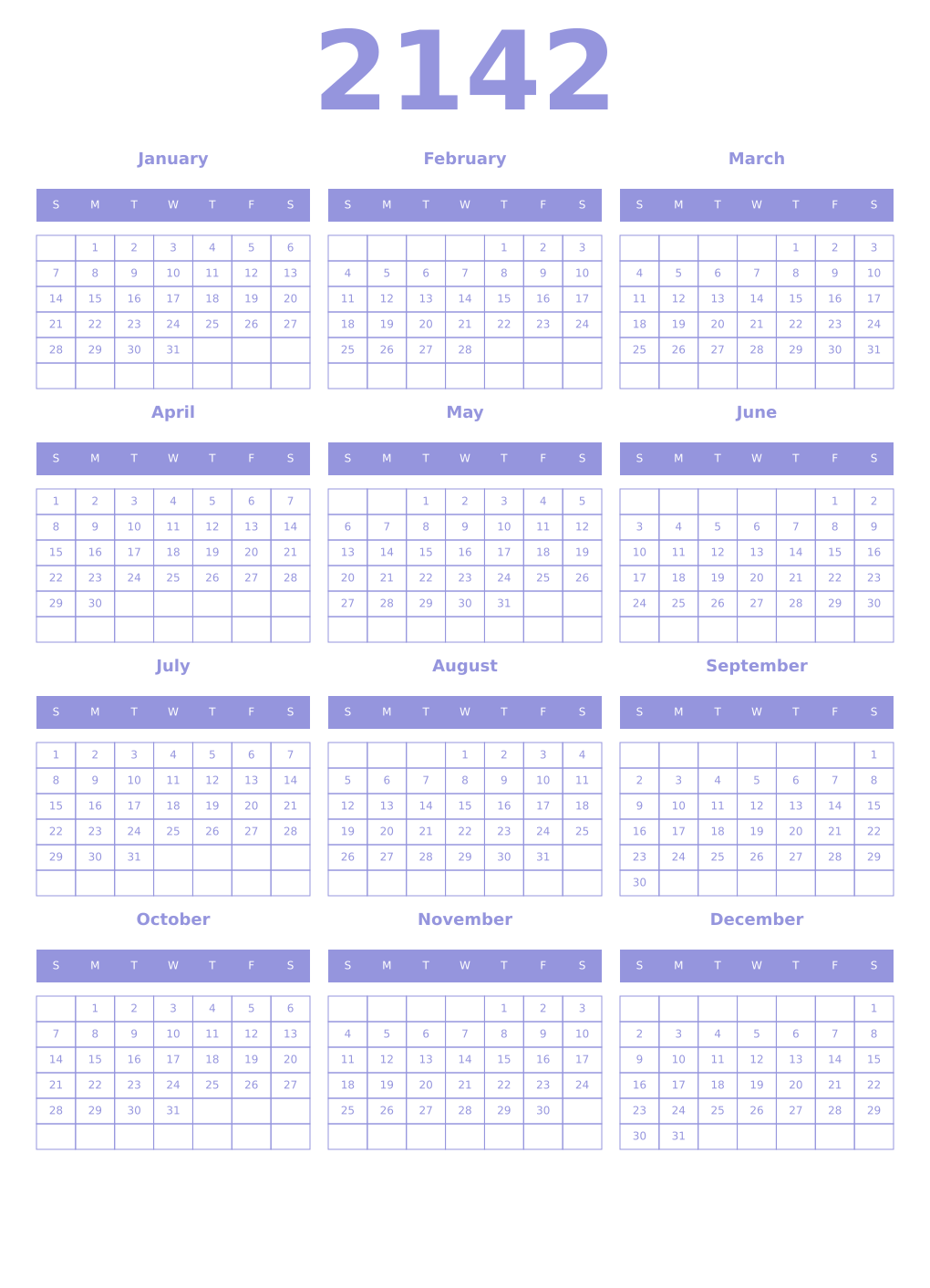 Printable 2142 Year Calendars periwinkle