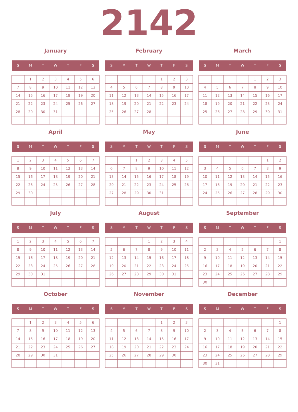 Printable 2142 Year Calendars puce