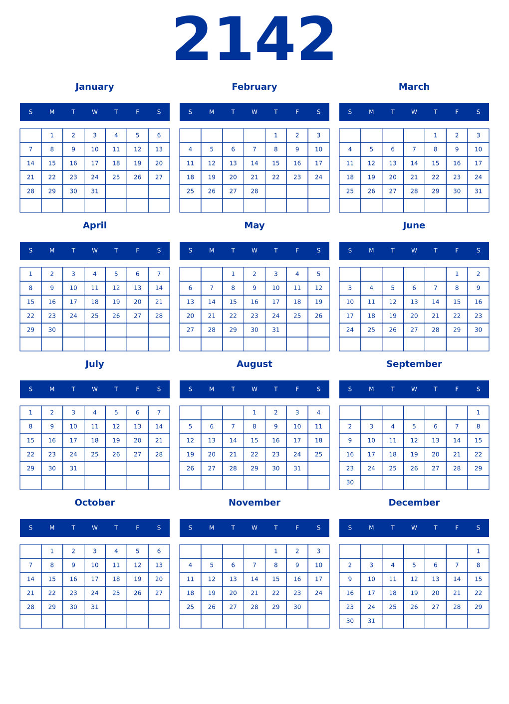 Printable 2142 Year Calendars smalt