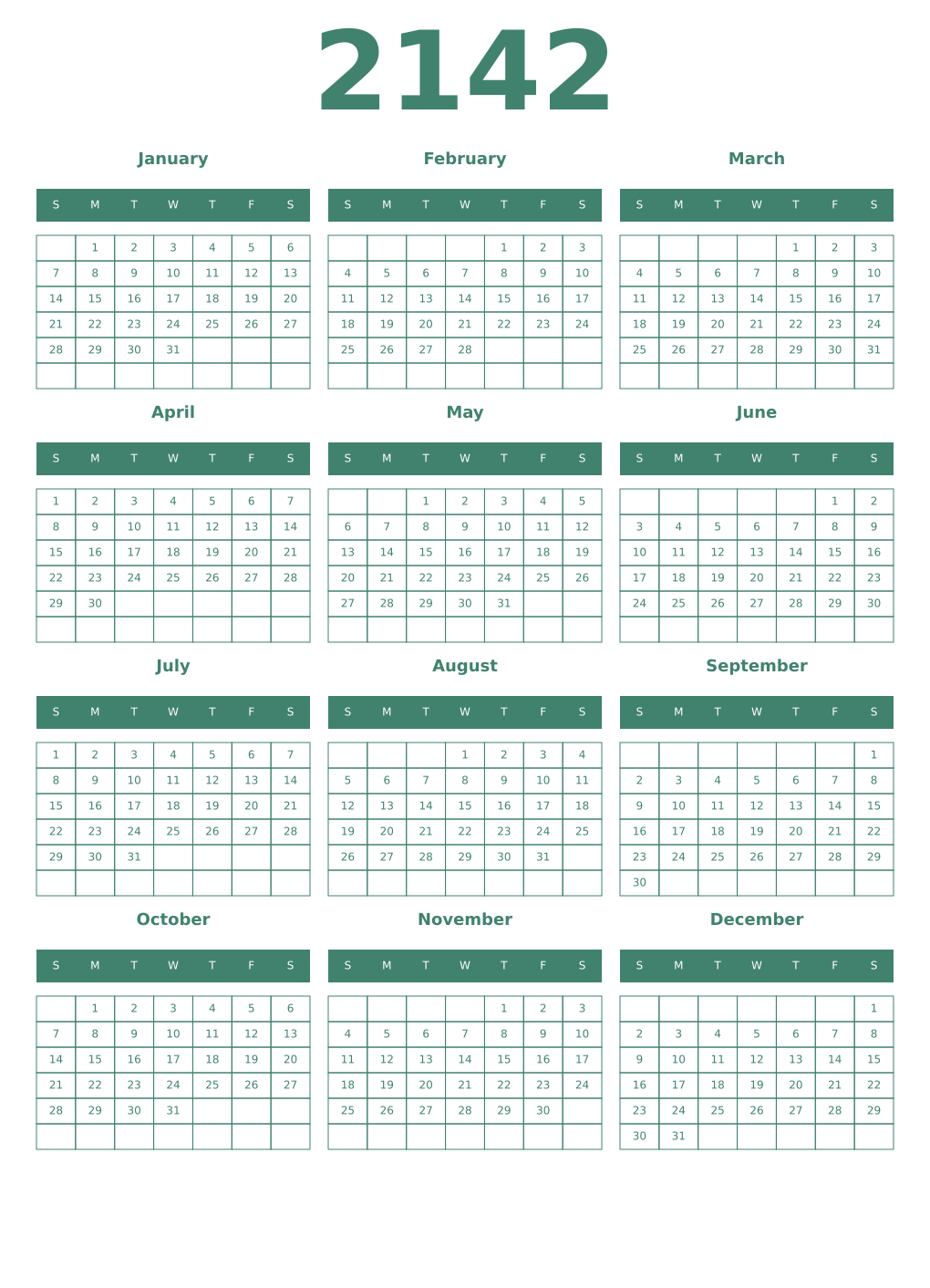 Printable 2142 Year Calendars viridian