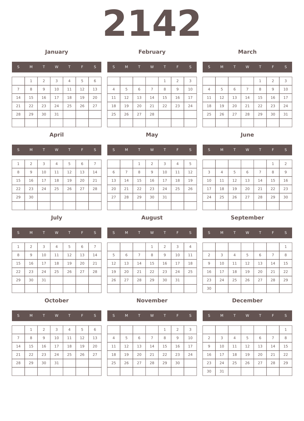 Printable 2142 Year Calendars wenge