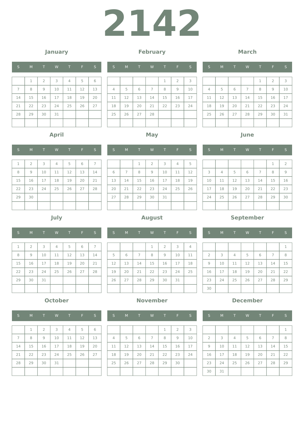 Printable 2142 Year Calendars xanadu