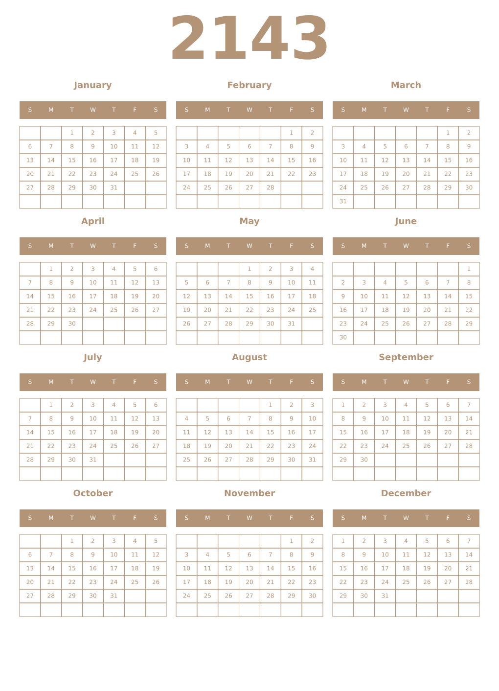 Printable 2143 Year Calendars isabelline