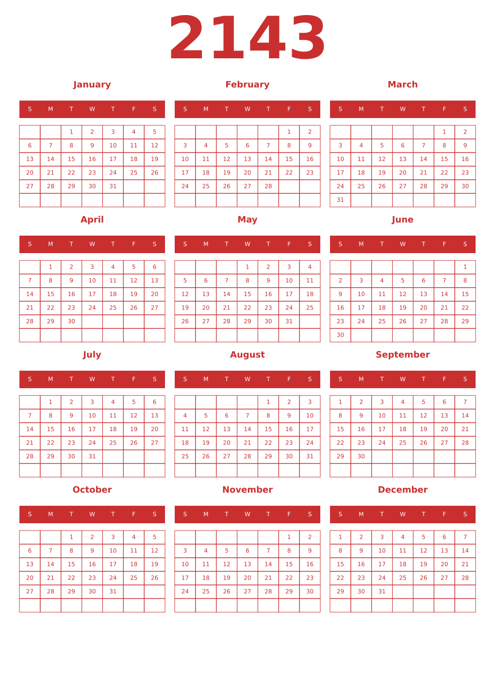 Printable 2143 Year Calendars red