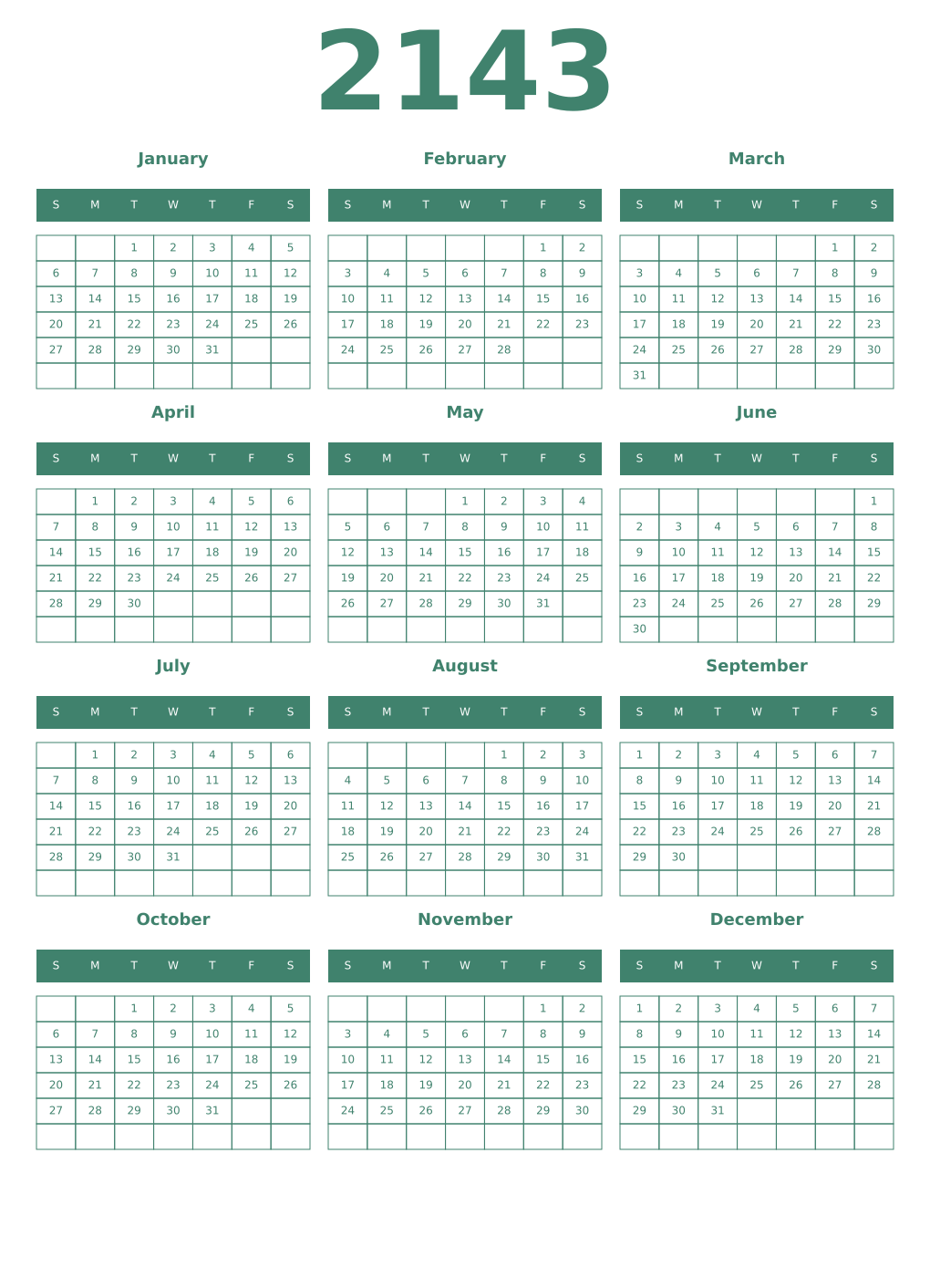 Printable 2143 Year Calendars viridian