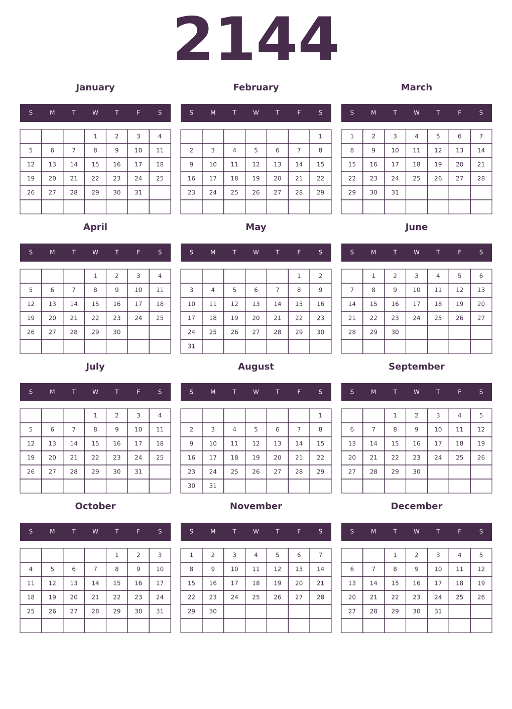 Printable 2144 Year Calendars aubergine
