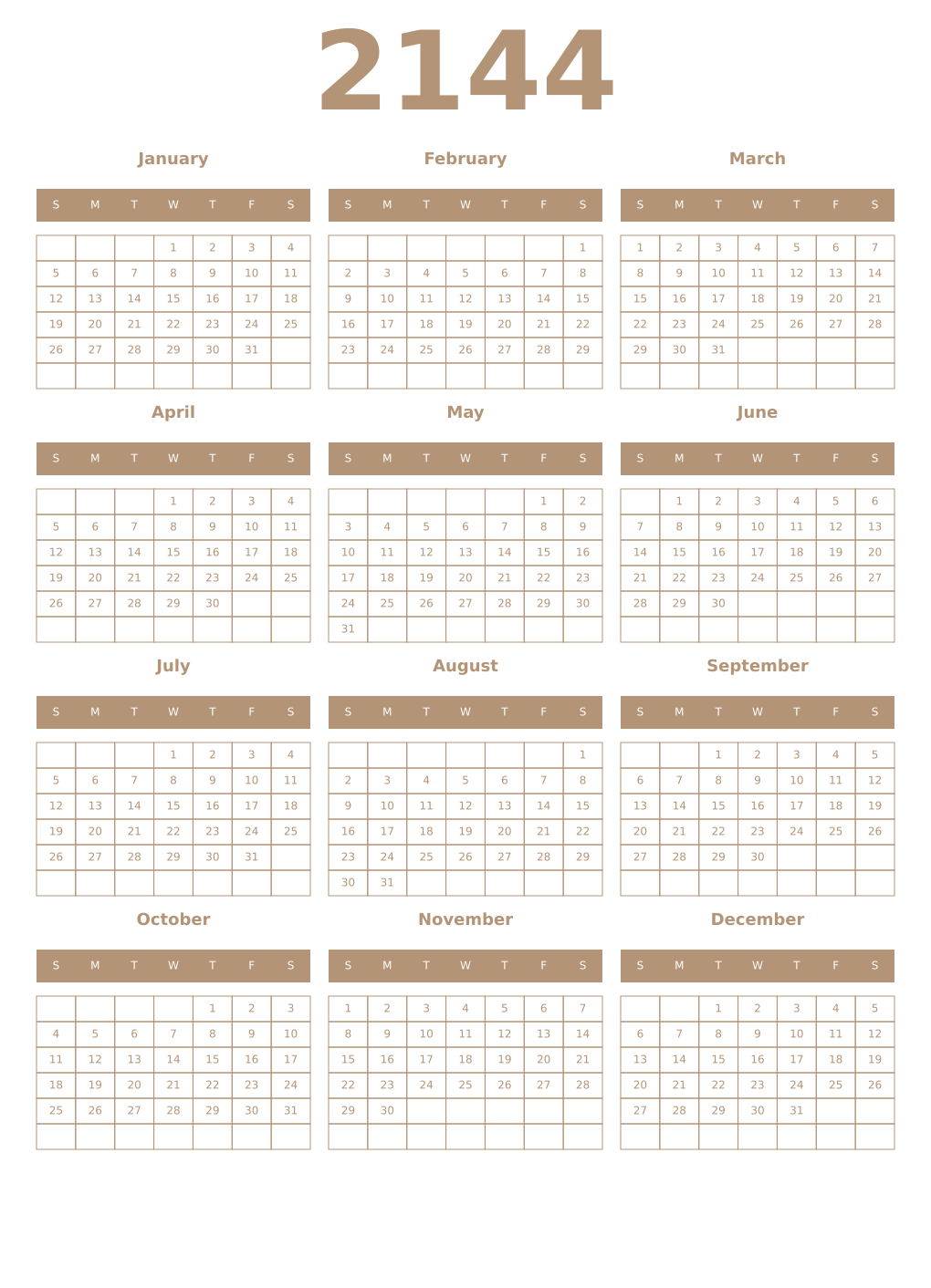 Printable 2144 Year Calendars isabelline