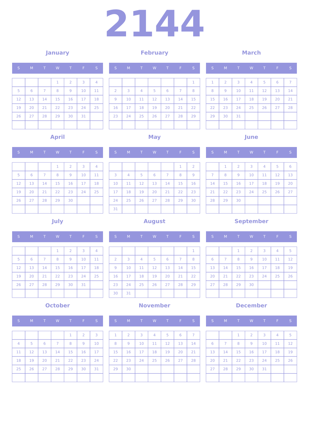 Printable 2144 Year Calendars periwinkle