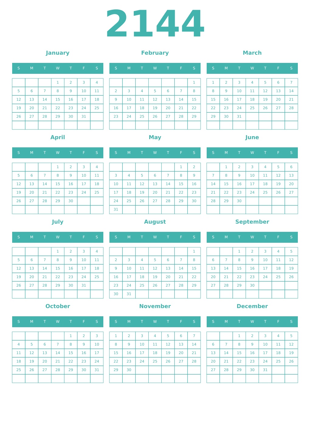 Printable 2144 Year Calendars verdigris