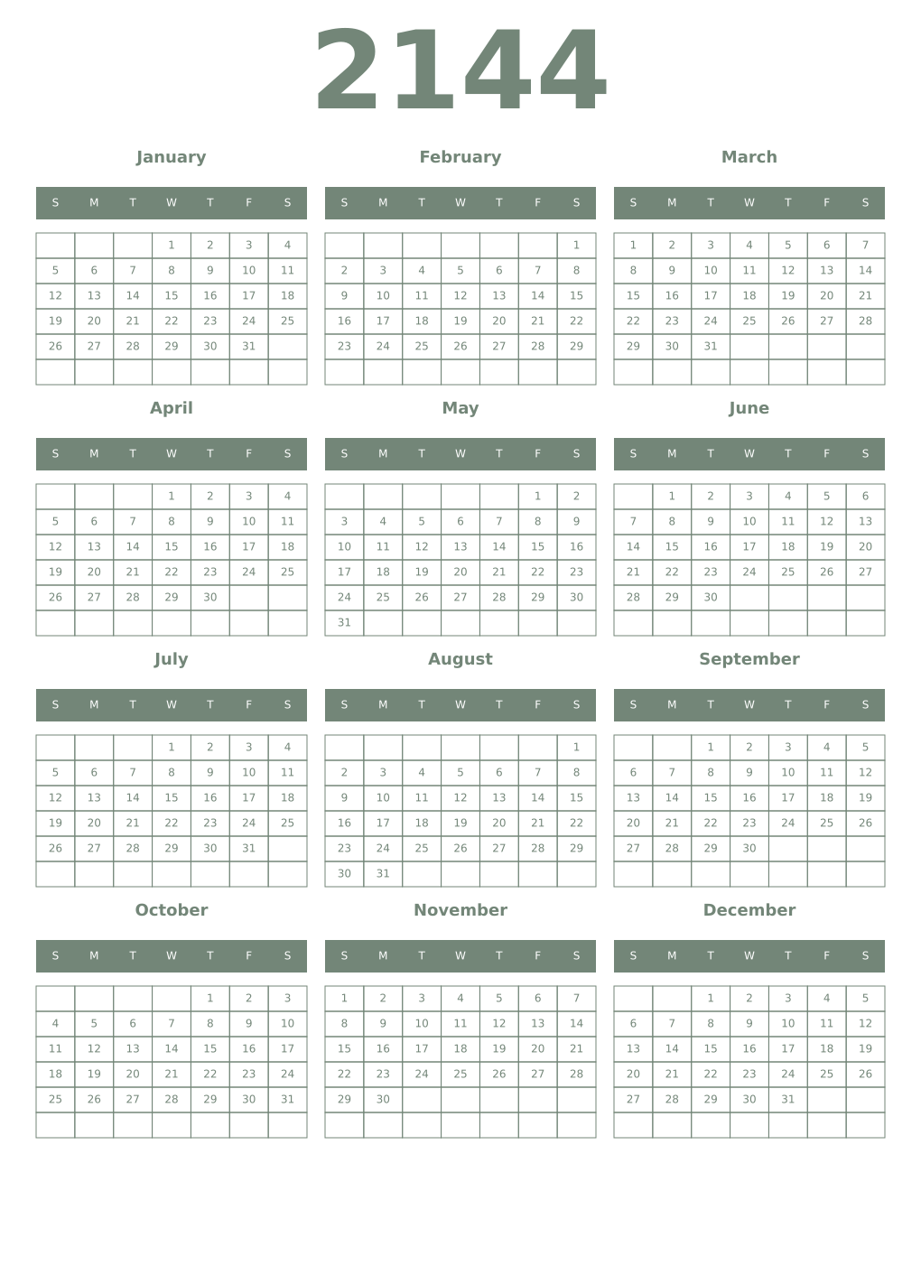 Printable 2144 Year Calendars xanadu