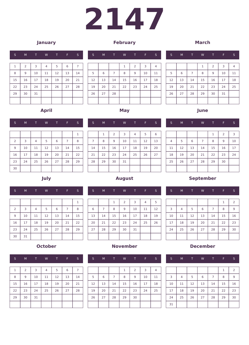 Printable 2147 Year Calendars aubergine