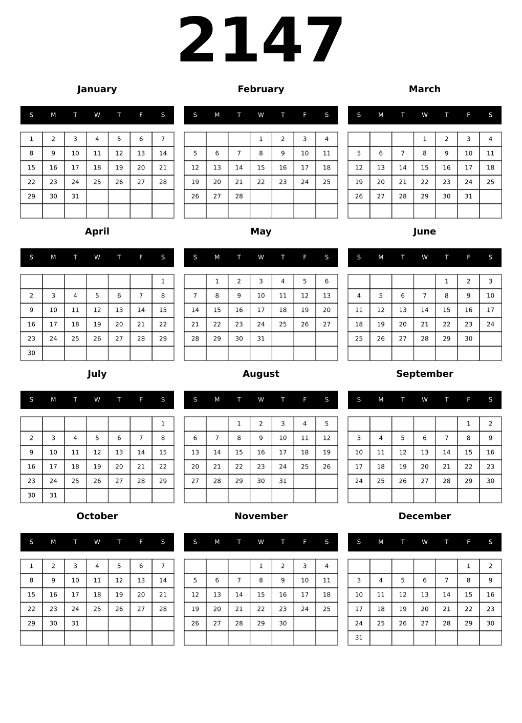 Printable 2147 Year Calendars black
