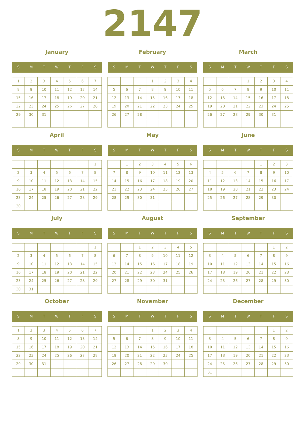 Printable 2147 Year Calendars eburnean