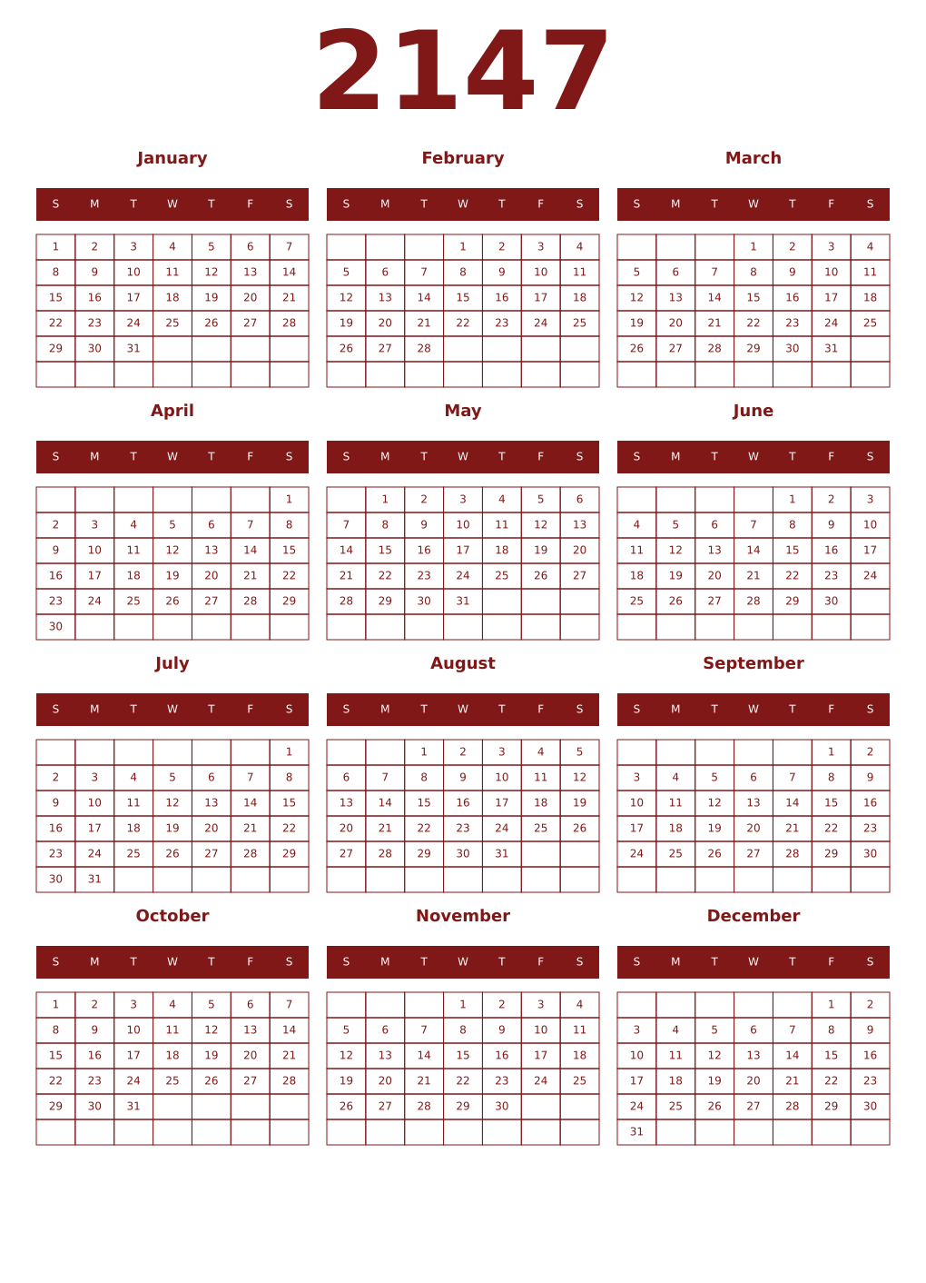 Printable 2147 Year Calendars falu