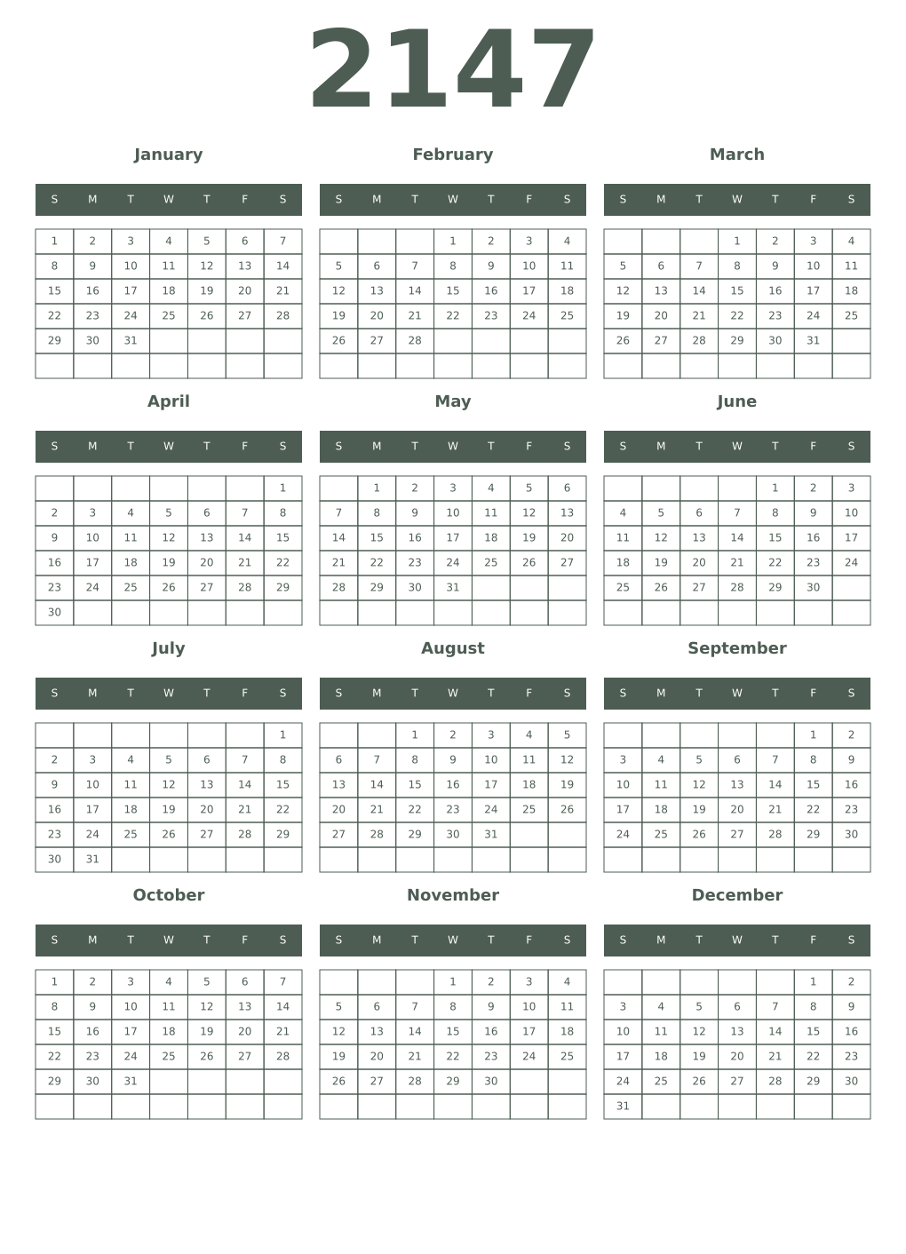 Printable 2147 Year Calendars feldgrau